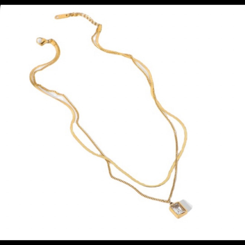 Mini Square Crystal Pendent Double Layer Necklace